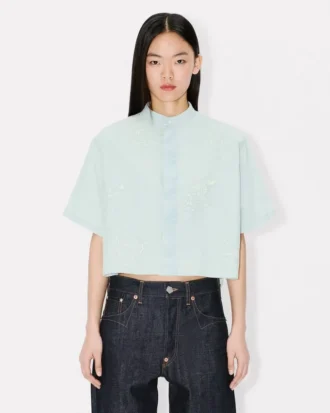 Kenzo Cartoon’ Embroidered Short Sleeve Shirt in Stone Bleach Chambray
